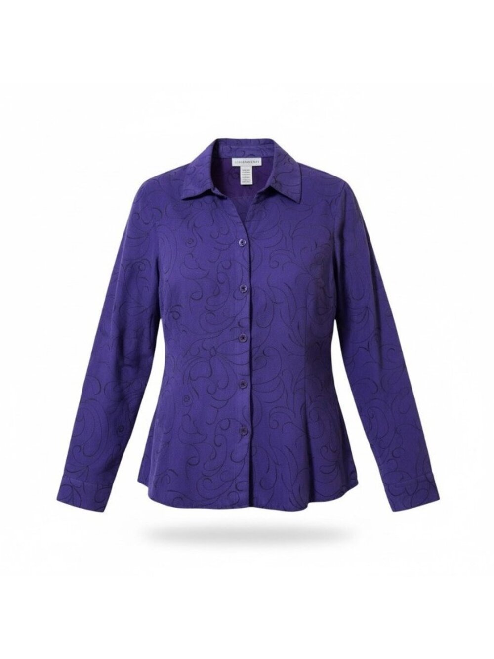 Sag Harbor Blouse Women LG Purple Black Button Front Embroidered Swirl Scroll